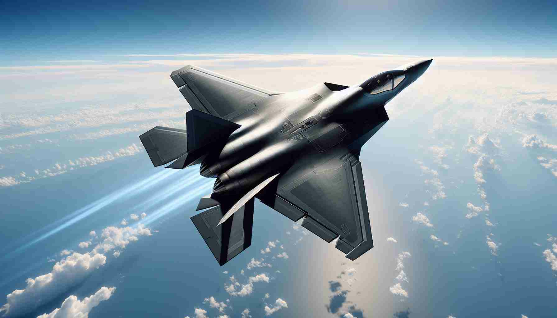 A high definition, realistic photograph of a next generation fighter jet soaring to unprecedented heights in the sky. The image shows the sleek, stealth aircraft against a backdrop of crisp, clear blue sky. Its technological prowess and powerful engine are evident. Its design elements radiate cutting-edge technology, engineered for high performance and air superiority.