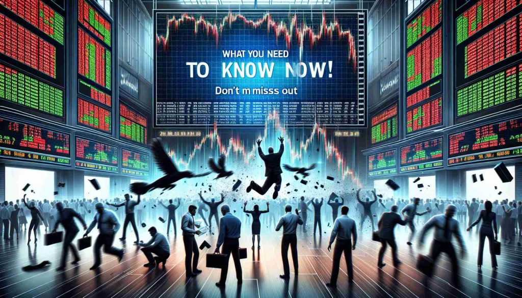 Create a realistic, high-definition illustration of 'Market Turmoil.' The image should depict an intense scene of a bustling stock market trading floor, with traders frantically buying and selling stocks. Include a prominently displayed digital screen showing plunging share prices to emphasize the chaos. Finally, incorporate a bold, catchy headline that says 'What You Need to Know Now! Don't Miss Out' to capture the viewer's attention.