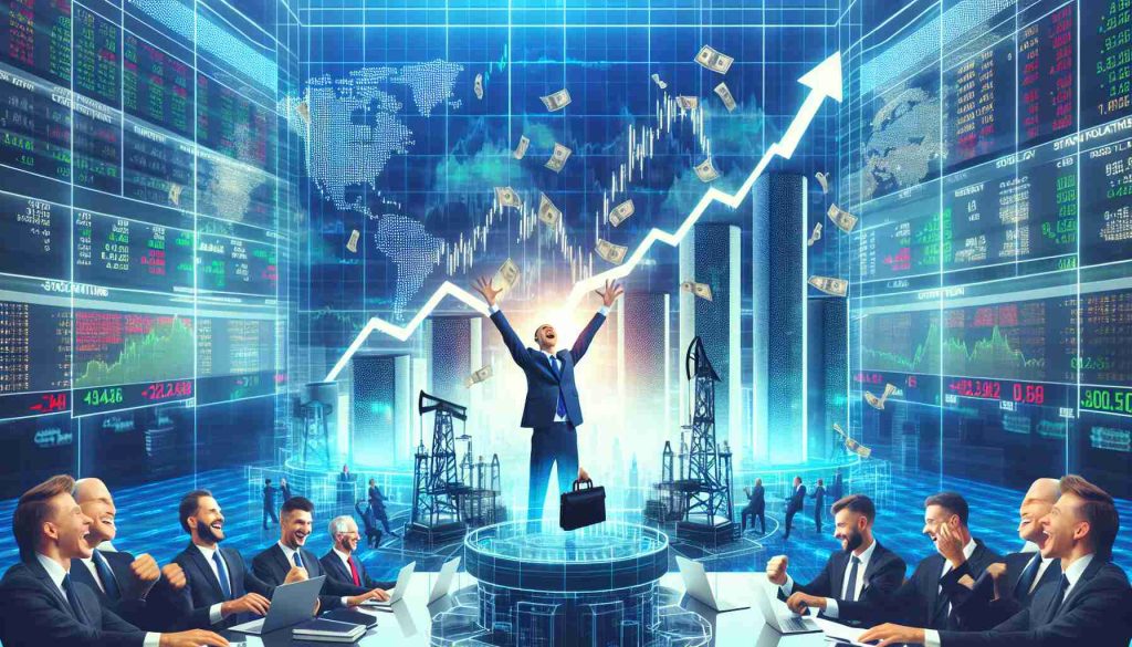 Generate a realistic, high-definition image of a stock market scene, where the central focus is the skyrocketing stock value of a generic oil service company. Include elements like stock tickers, excited investors, and a positive atmosphere to convey the idea of a successful earnings announcement.