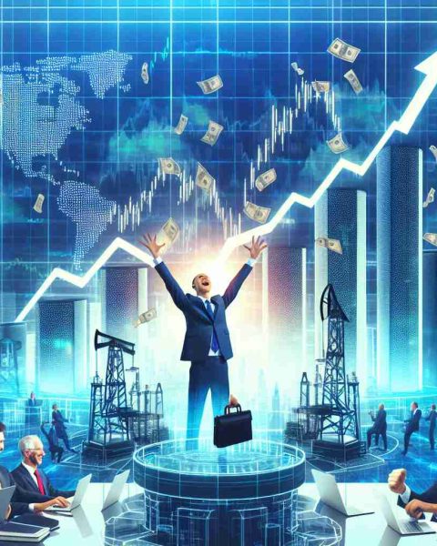 Generate a realistic, high-definition image of a stock market scene, where the central focus is the skyrocketing stock value of a generic oil service company. Include elements like stock tickers, excited investors, and a positive atmosphere to convey the idea of a successful earnings announcement.