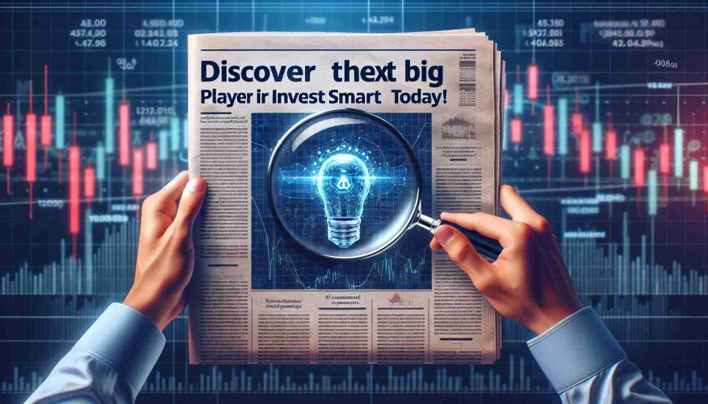 High-definition, realistic illustration of the concept 'Discover the Next Big Player in AI Stocks! Invest Smart Today'. It shows a hand holding a magnifying glass over a newspaper with headlines about the rise of a new, significant AI company in the stock market. The background is filled with stock market charts showing positive trends. Remember, the company's specific name and logo are abstract and generic.