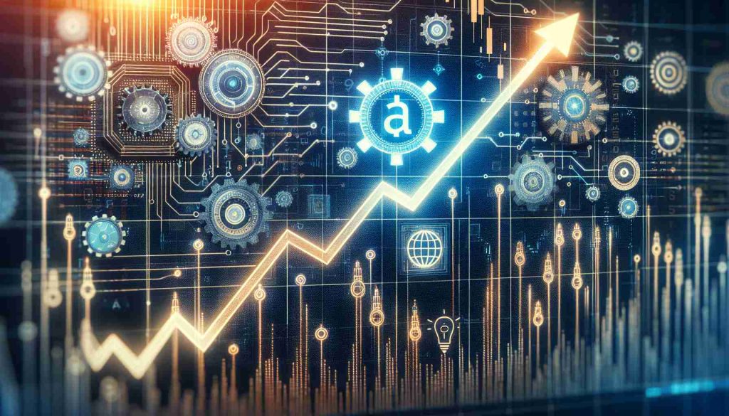 Generate a realistic HD photo illustrating the concept of a Stock Surge. Depict a line chart showing a sharp upward trend indicating growth and success. In the backdrop, include symbolic elements such as gears and circuits to represent AI's expanding horizon. Don't depict any specific company or brand but maintain a generic representation of the stock market and AI tech industry.