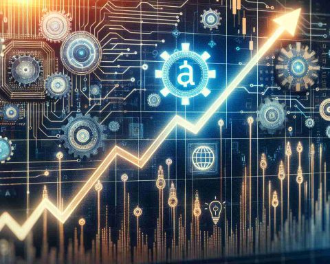 Generate a realistic HD photo illustrating the concept of a Stock Surge. Depict a line chart showing a sharp upward trend indicating growth and success. In the backdrop, include symbolic elements such as gears and circuits to represent AI's expanding horizon. Don't depict any specific company or brand but maintain a generic representation of the stock market and AI tech industry.