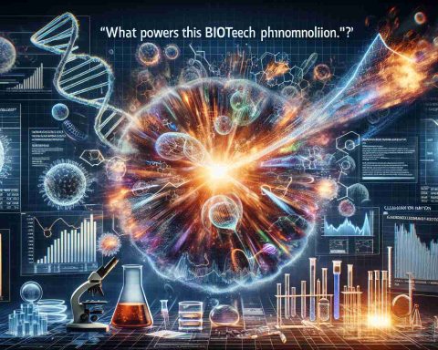 A highly detailed and realistic digital depiction of a metaphorical stock explosion, symbolizing the financial success of a biotech company. The visual elements should include stock market graphs showing rapid upward movement symbolizing 'explosion'. Alongside this, show images representing biotechnology - DNA helix, petri dishes, microscopes and lab equipment. The clarification text, 'What powers this biotech phenomenon?' should be included to provoke a thought process relating to the critical factors driving the company's success.