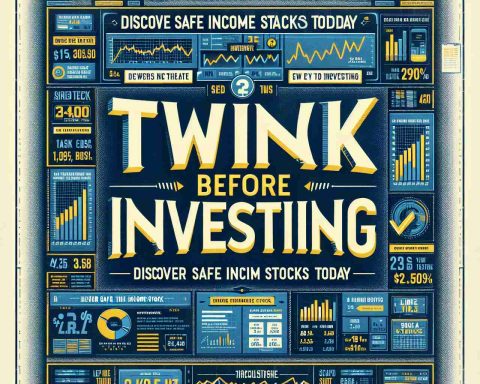 Generate a realistic, high-definition image featuring a bold and cautionary message saying 'Think Twice Before Investing!' Below this message, create secondary text that reads 'Discover Safe Income Stocks Today.' All text should be placed on a visually appealing financial background, possibly filled with graphs, trends, and stock-related imagery.