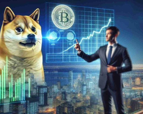 A high-definition, realistic image showcasing the concept of the potential future of cryptocurrency. The scene brings in focus a symbolic dog figure representing DOGE. To convey the discussion aspect, illustrate a businessman, a carbon-neutral innovator, standing in front of a modern city. His animated finger points at a hovering holographic chart depicting the upward trajectory of DOGE and other cryptocurrencies.