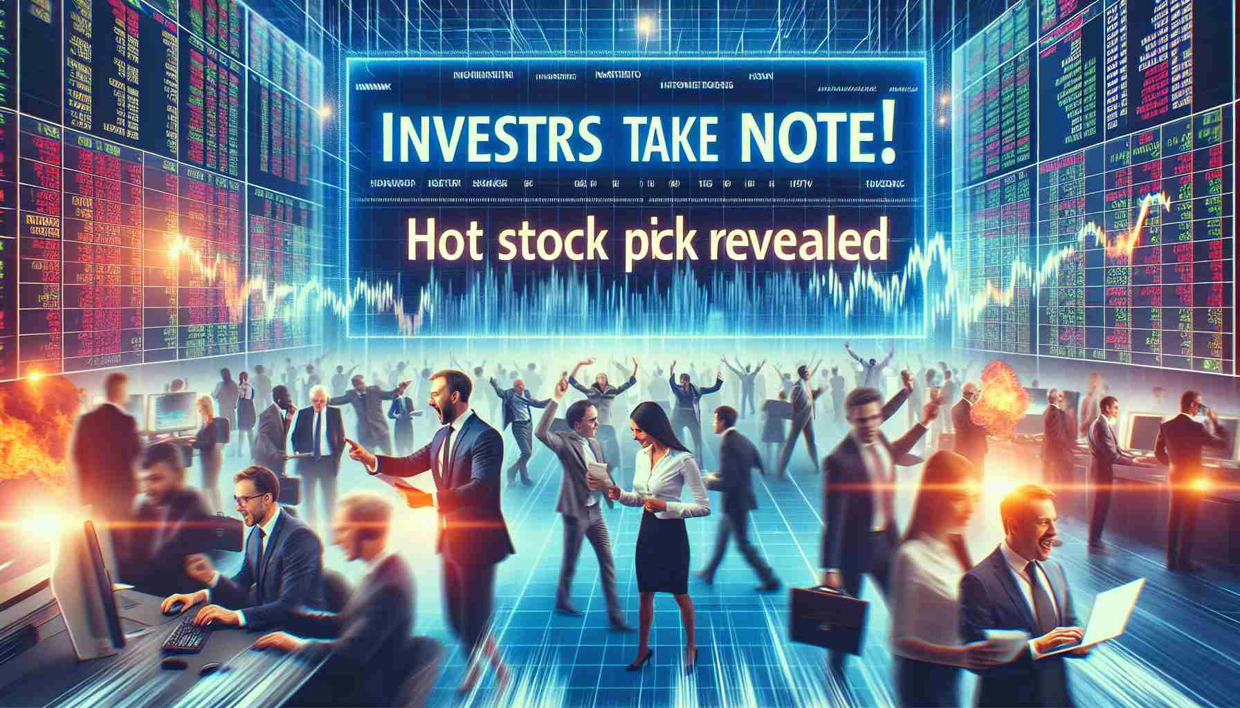 A dynamic, high-definition graphical representation of a headline announcing 'Investors Take Note! Hot Stock Picks Revealed', placed over a composite background evoking the excited hustle and bustle of a stock exchange, with people of varied genders and descents energetically trading stocks. Please show the characters engaging in a variety of activities such as analyzing data on computer screens, making calls, and conducting trading operations.