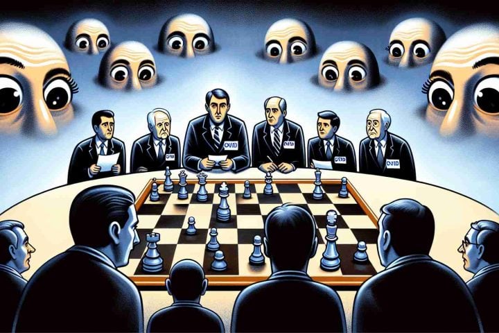 An illustrative image depicting a metaphorical scene of insider trading activity at a pharmaceutical company named Ovid Therapeutics, with eyes raised in curiosity. This scene should reflect an abstract concept of key strategic decisions being made, symbolized by visibly moving chess pieces on a board, and surrounding observers showing surprise or interest on their faces.