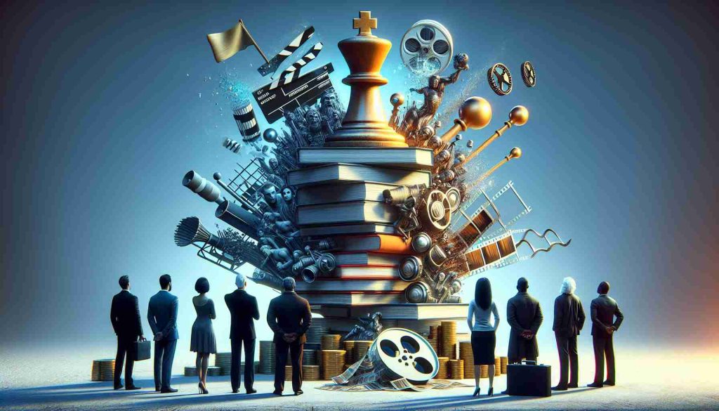 An avant-garde, high-definition image portraying the concept of 'Investors Beware: The risks of Betting on Storytelling Companies'. It shows a symbolic representation of a storytelling company as a large, unstable tower made up of books, scripts, and movie reels. There's a teetering chess piece on top, suggesting the unstable nature of such investments. A diverse group of investors, including a Caucasian man, a Hispanic woman, a Black man, and a South Asian woman, observe from a safe distance with caution evident on their faces. Next to them, there's a solid bank or gold reserves indicating a safer investment option.