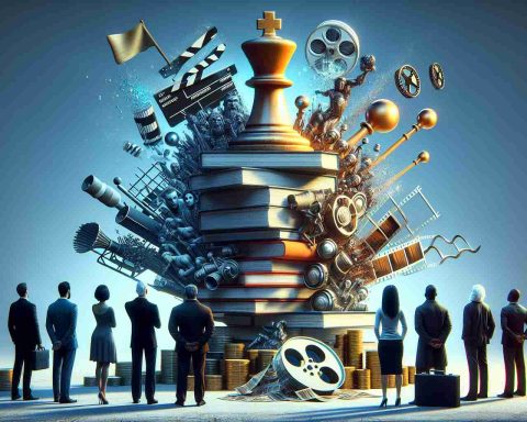 An avant-garde, high-definition image portraying the concept of 'Investors Beware: The risks of Betting on Storytelling Companies'. It shows a symbolic representation of a storytelling company as a large, unstable tower made up of books, scripts, and movie reels. There's a teetering chess piece on top, suggesting the unstable nature of such investments. A diverse group of investors, including a Caucasian man, a Hispanic woman, a Black man, and a South Asian woman, observe from a safe distance with caution evident on their faces. Next to them, there's a solid bank or gold reserves indicating a safer investment option.