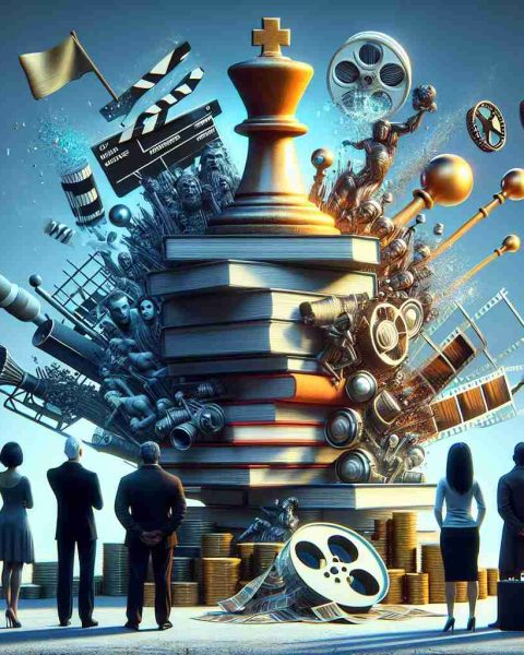 An avant-garde, high-definition image portraying the concept of 'Investors Beware: The risks of Betting on Storytelling Companies'. It shows a symbolic representation of a storytelling company as a large, unstable tower made up of books, scripts, and movie reels. There's a teetering chess piece on top, suggesting the unstable nature of such investments. A diverse group of investors, including a Caucasian man, a Hispanic woman, a Black man, and a South Asian woman, observe from a safe distance with caution evident on their faces. Next to them, there's a solid bank or gold reserves indicating a safer investment option.