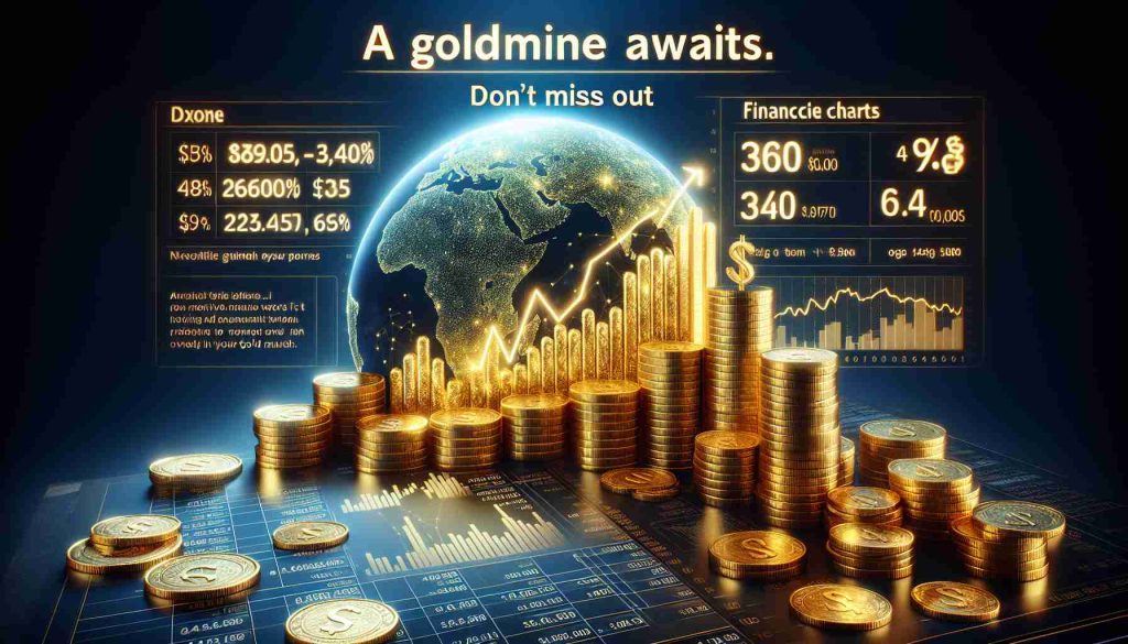 Create a realistic, high-definition image depicting the future of stocks as a proverbial 'gold mine'. Include a representation of golden riches and stacks of coins, symbolising potential wealth. Add some financial charts with positive growth indicators to represent the promising future of the stock market. Integrate the text 'A Goldmine Awaits. Don't Miss Out' prominently in the image.