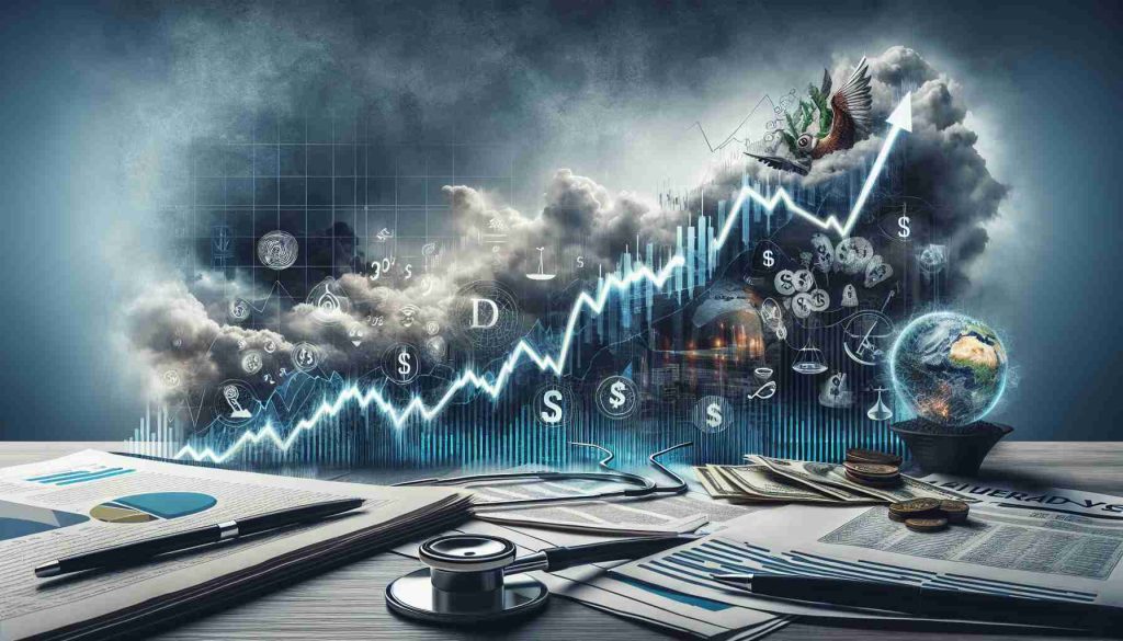 Create a realistic high definition image communicating the concept of a stock surge for a generic company, overlaid with subtle indications of financial instability. The design can incorporate elements like a skyrocketing line graph, brooding stormy skies, mixed with icons representing financial health such as scales, money symbols, and a stethoscope. Set the scene in a business context, within an office environment with newspapers and financial reports. Do not include any particular company or ticker symbols.