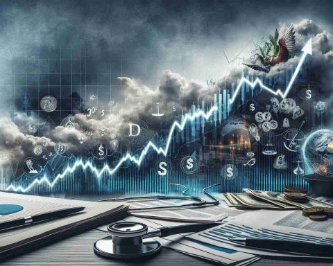 Create a realistic high definition image communicating the concept of a stock surge for a generic company, overlaid with subtle indications of financial instability. The design can incorporate elements like a skyrocketing line graph, brooding stormy skies, mixed with icons representing financial health such as scales, money symbols, and a stethoscope. Set the scene in a business context, within an office environment with newspapers and financial reports. Do not include any particular company or ticker symbols.