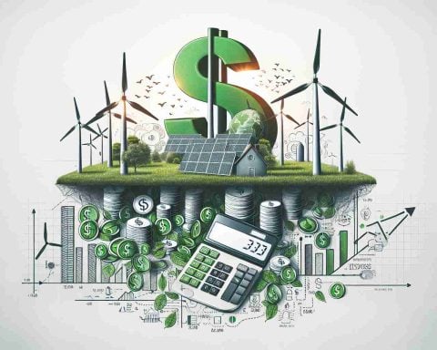 Create a high definition, realistic image that visually represents the concept of 'Unveiling Hidden Costs'. Depict subtle elements referencing the Green Energy sector, such as wind turbines, solar panels, or geothermal plants, along with symbols of economic costs like dollar symbols, graphs, and calculators. The aim of the image is to raise questions about the true sustainability of the green energy boom.