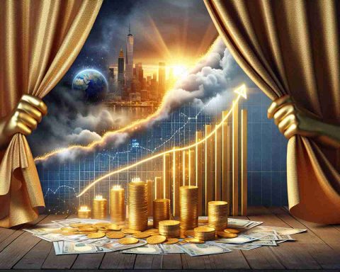 A high-resolution, realistic image depicting the concept of 'Unveiling Investment Success: 10 Years of Remarkable Growth'. An analogy of a curtain being pulled back to reveal an ascending, golden line graph indicating steady progress. Alongside it, there is a pile of gold coins representing the accumulated wealth. The background should capture elements of time passing over a decade, such as a composite of the four seasons or a changing cityscape. At the bottom of the image, the words '10 Years of Remarkable Growth' printed.