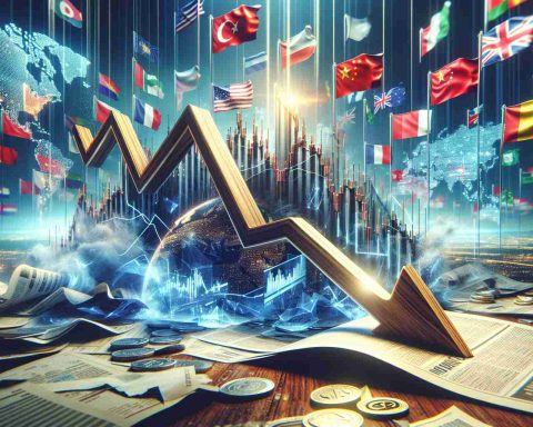 An authentic and high-definition visualization of an extraordinary decrease in the stock market. The scene captures the essence of turbulence and uncertainty amongst investors flags of various countries fluttering in the background, indicating global participation. The foreground is dominated by a wooden pointer chart swaying to mark a steep decline in stocks, surrounded by floating, glowing holographic graphs and business logos. Papers are strewn around, symbolizing chaos, adds a sense of urgency. Finally, a tabloid laid open with the headline 'What Investors Need To Know Now' is prominently placed.