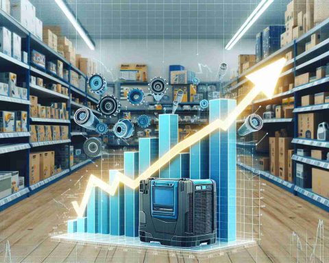 Create a highly detailed realistic image that visualizes the concept of 'Stock Surge', pertaining to a huge hardware retail company. Illustrate this with an upward arrow graph showing a significant rise in stock prices, amidst the backdrop of a typical store with various home improvement items. Remember not to overlay any identifiable branding.