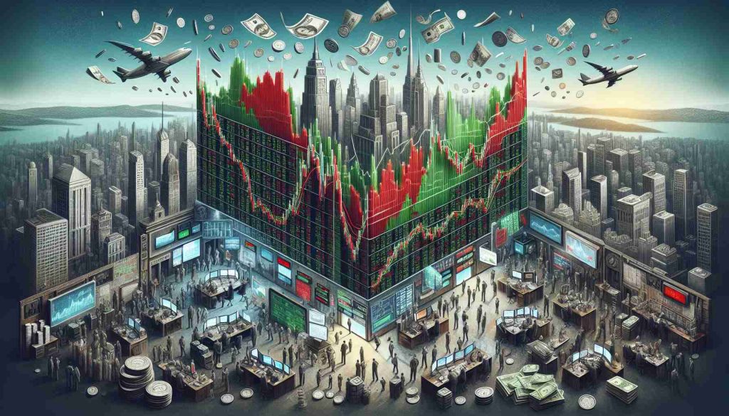 Render a realistic, high-definition image depicting the concept of a turbulent day in the market. At the center, feature a detailed stock market chart with red and green bars showing a drastic fluctuation in stock prices indicating uncertainty. Surround this chart with elements that represent financial markets, such as a stock trading floor with people frantically buying or selling shares, screens broadcasting financial news, and stacks of coins and currency notes. Draw in the skyline of a city in the backdrop, suggesting the setting of a financial district. The overall tone of the image should evoke a sense of unease and anticipation, reflecting the volatility of the market.