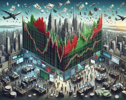 Render a realistic, high-definition image depicting the concept of a turbulent day in the market. At the center, feature a detailed stock market chart with red and green bars showing a drastic fluctuation in stock prices indicating uncertainty. Surround this chart with elements that represent financial markets, such as a stock trading floor with people frantically buying or selling shares, screens broadcasting financial news, and stacks of coins and currency notes. Draw in the skyline of a city in the backdrop, suggesting the setting of a financial district. The overall tone of the image should evoke a sense of unease and anticipation, reflecting the volatility of the market.