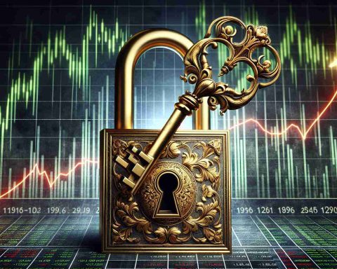 A high-definition, realistic image that depicts the concept of 'unlocking the secret to wealth'. Viewers should see a large, antique golden key with intricate engravings, poised to turn within an elaborate lock. This lock is a metaphor that symbolizes 'wealth'. Behind the lock is a growing chart labeled 'Growth Stocks', showing soaring lines indicating increasing value. The background is a stock market screen with green and red figures flickering vibrantly, symbolizing the ups and downs of the stock market.