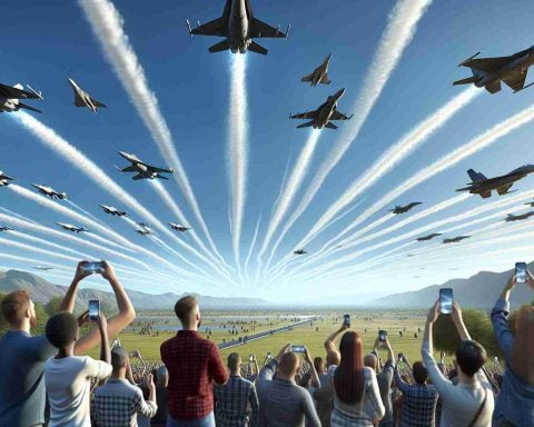 Realistic high-resolution image depicting a scene with multiple fighter jets roaring overhead against a clear blue sky. The jets leave behind streaks of white condensation trails, and the sound of the engines echoes through the landscape below. On land below, people are gazing upwards, a mix of surprise and curiosity evident on their faces. They hold mobile devices, searching for an explanation as the spectacle unfolds above.