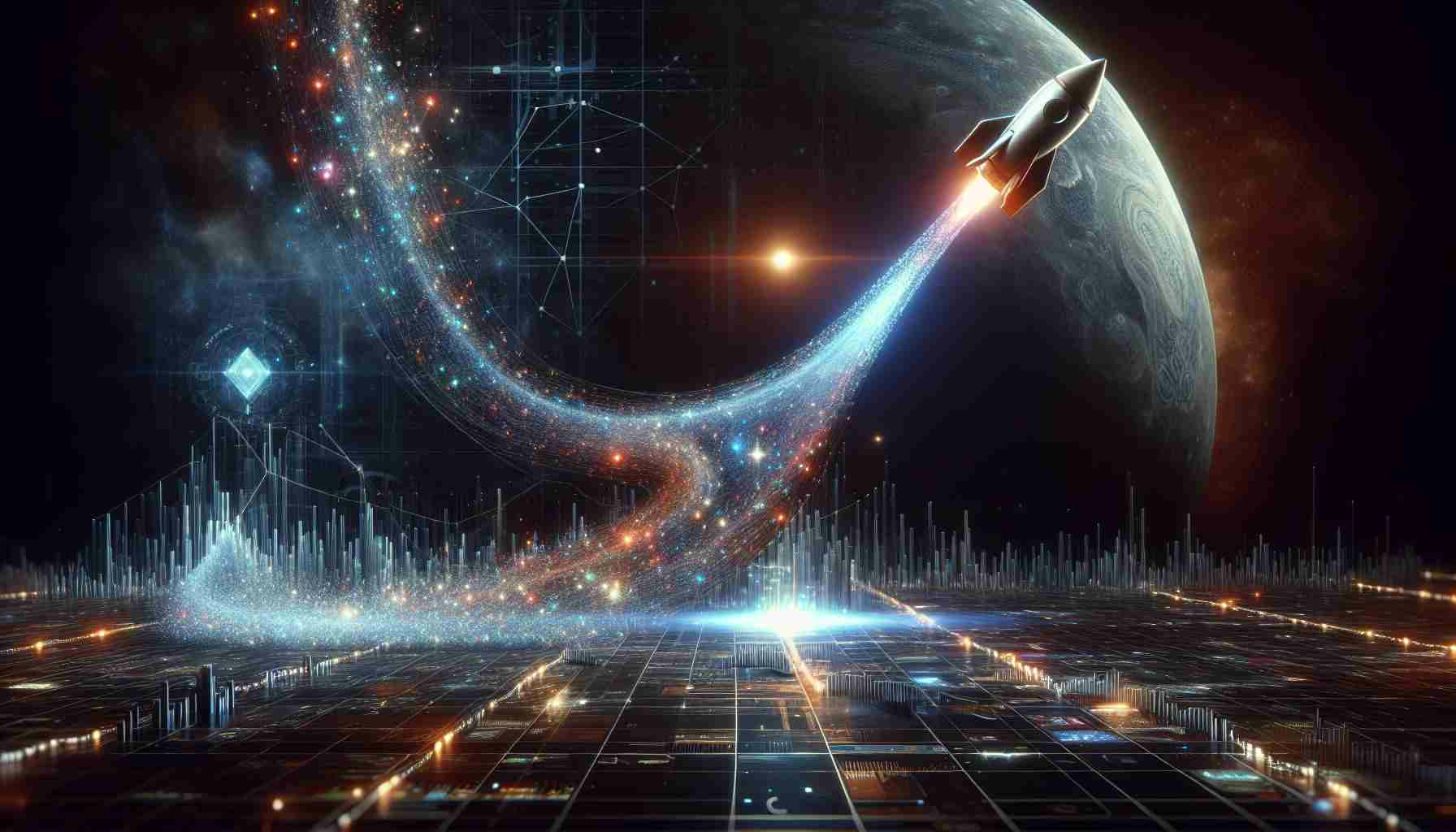 A high-definition, realistic depiction of a quantum leap. This scene portrays a symbolic representation of quantum computing technology advancing, set against a space-themed backdrop, to depict the concept of a NASA partnership. This partnership is metaphorically represented as a rocket, symbolic of a stock price soaring.
