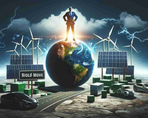 Create a realistic HD photo of a metaphorical representation of a powerful investor, depicted as a bold figure standing on top of a globe with renewable energy symbols like windmills, solar panels, and electric cars around him. This scene symbolizes the potential to forever change the landscape of energy industry through investment. The investor is identified by a large sign with the text 'Bold Move'.