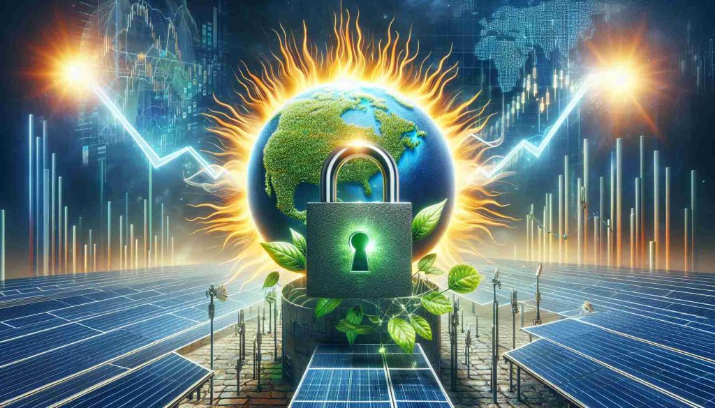 Create a highly detailed, realistic image that illustrates the concept of unlocking the potential green energy, specifically focusing on solar technology. Depict an enormous sun radiating vibrant rays of energy, alongside a padlock that is opened, symbolizing the unleashing of green energy. In the background, create a visual representation of the stock market exchange with fluctuating graphs and upward trending arrows to symbolize the future of solar stocks. Convey an optimistic and futuristic tone.