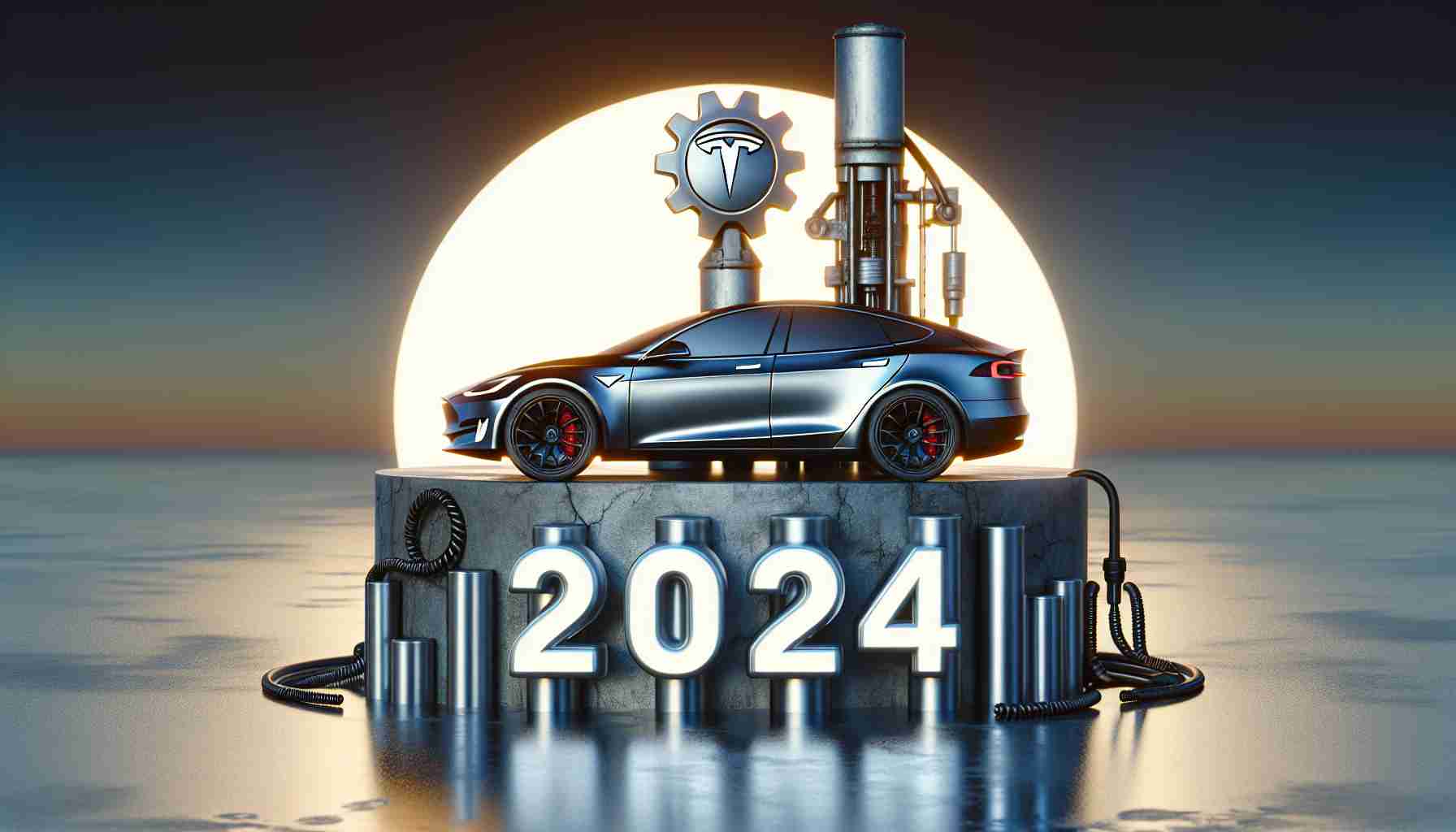 Realistic HD image depicting a symbolic representation of Tesla's growth stalling in the year 2024, perhaps utilizing metaphoric visuals such as a car standing still, or a halted production line.