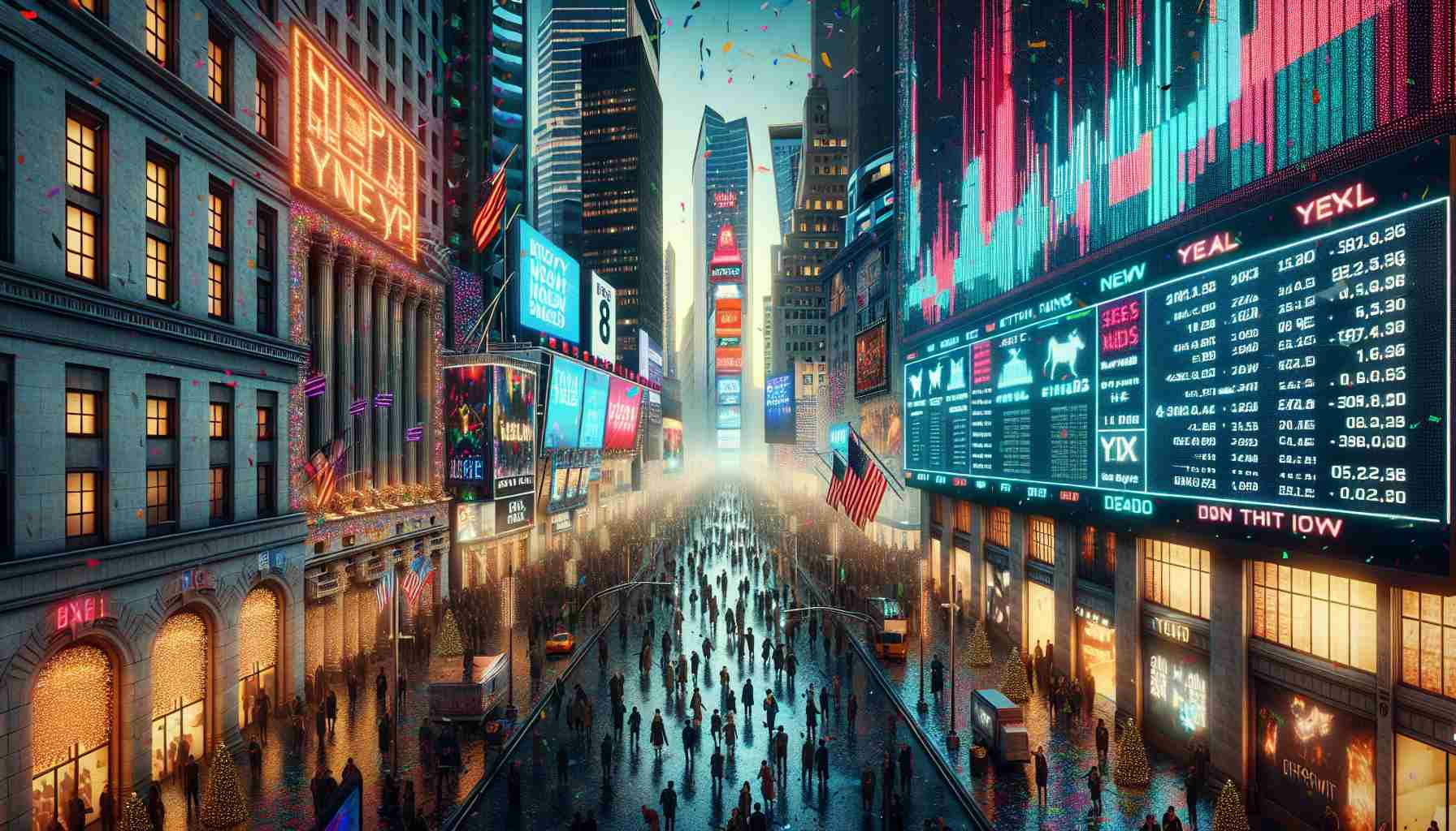 Image of a bustling Wall Street scene during the New Year celebrations. Neon signs, digital billboards, and tall buildings lined with festive lights make the atmosphere vibrant and festive. Excited crowds are seen strolling on the streets while confetti rains down on them. A giant electronic ticker displays various trends and predictions about various investment sectors for the coming year. The resolution should be high definition, with sharp contrasts and strong colors, to clearly display the vibrant atmosphere, towering buildings, and digital displays, all evoking the buzz of new trends in finance at the start of a new year.