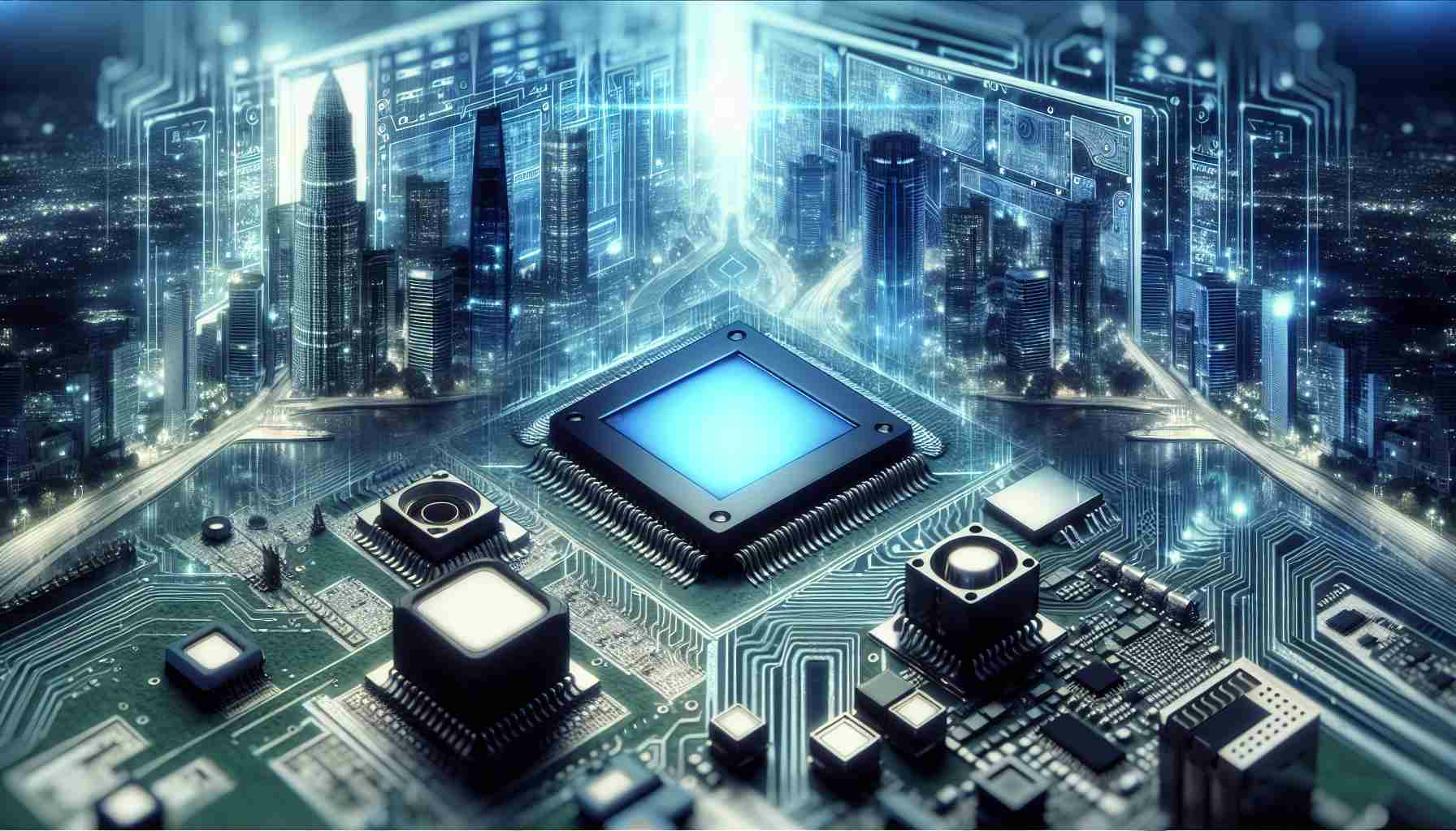 A photo-realistic HD image representing the concept of a technology company, possibly a microchip manufacturer, contemplating delisting from the stock exchange. The image should suggest the idea of future technologies, perhaps showcasing elements such as advanced computer components, holographic displays, futuristic cityscapes or high-tech data centres.