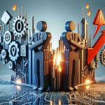 Realistic highly detailed image of two economic concept representations looking brighter and more appealing than the symbol for a data analytics firm. The image should include risk warning signs to question the viewer's investment safety.