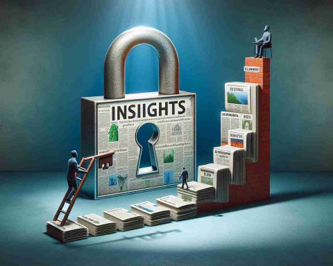 High-definition realistic image of a symbolic representation of unlocking exclusive insights, perhaps through a key entering a lock labelled 'insights', to symbolize gaining access. Next to this, illustrate the elevation of news experience, which could be portrayed as a person climbing a staircase constructed of newspapers, each step labelled with different types of news topics. The ascent towards the top symbolizing the 'elevation' of the news experience. Ensure the composition pays homages to elements of both pedagogy and journalism, making it appropriate for a broad spectrum of readers.