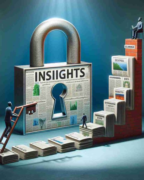 High-definition realistic image of a symbolic representation of unlocking exclusive insights, perhaps through a key entering a lock labelled 'insights', to symbolize gaining access. Next to this, illustrate the elevation of news experience, which could be portrayed as a person climbing a staircase constructed of newspapers, each step labelled with different types of news topics. The ascent towards the top symbolizing the 'elevation' of the news experience. Ensure the composition pays homages to elements of both pedagogy and journalism, making it appropriate for a broad spectrum of readers.