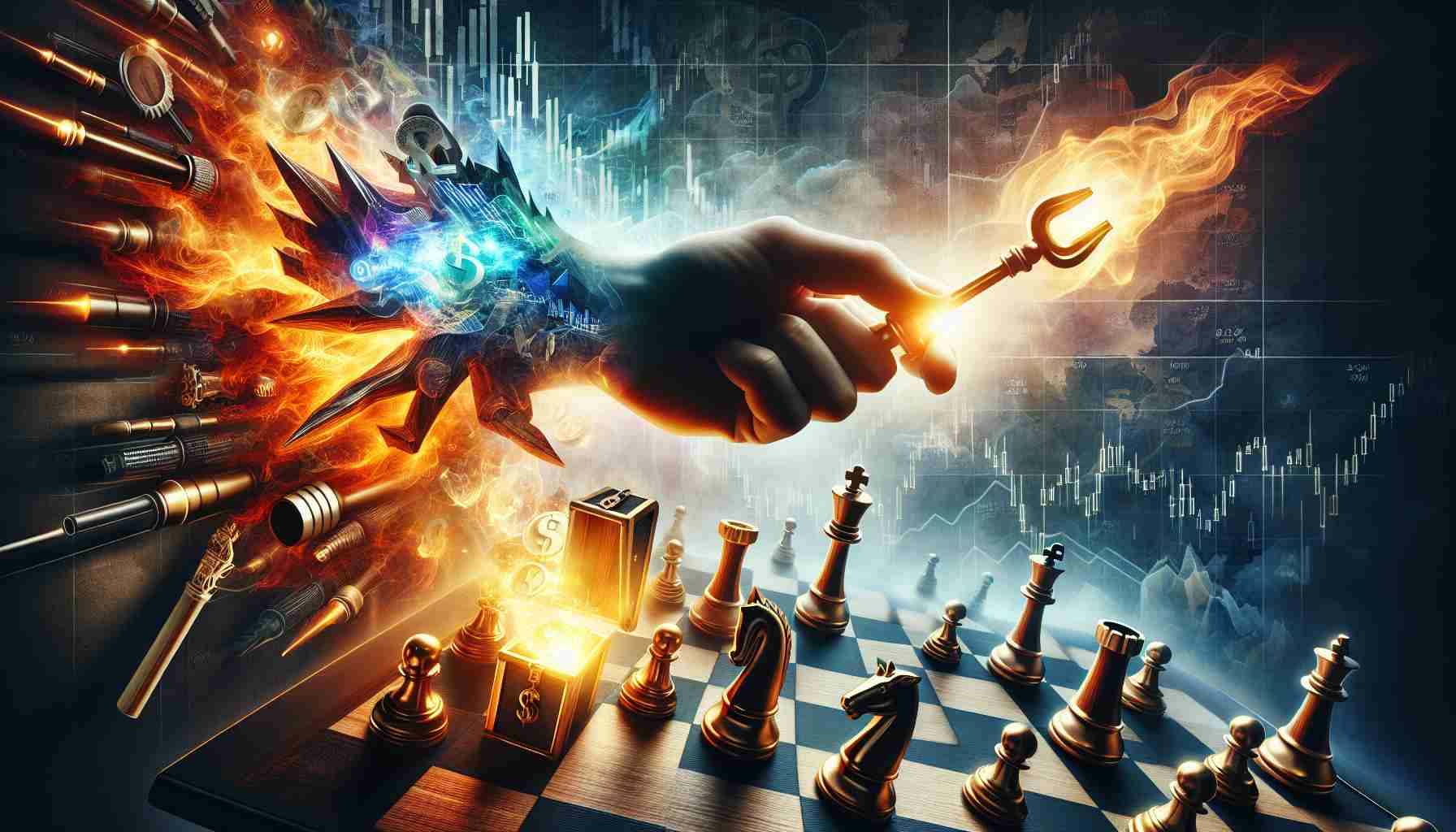 Generate a high-definition image depicting a dramatic scene in the world of finance and investments. Show a symbolic representation of a bold move being made in energy stocks, specifically targeting CVR Energy. Use imagery such as a daring chess move or a hand pushing a piece forward on a stock market-themed chessboard. Incorporate elements that represent potential major breakthroughs, such as a glowing, golden key or a treasure chest just beginning to open.