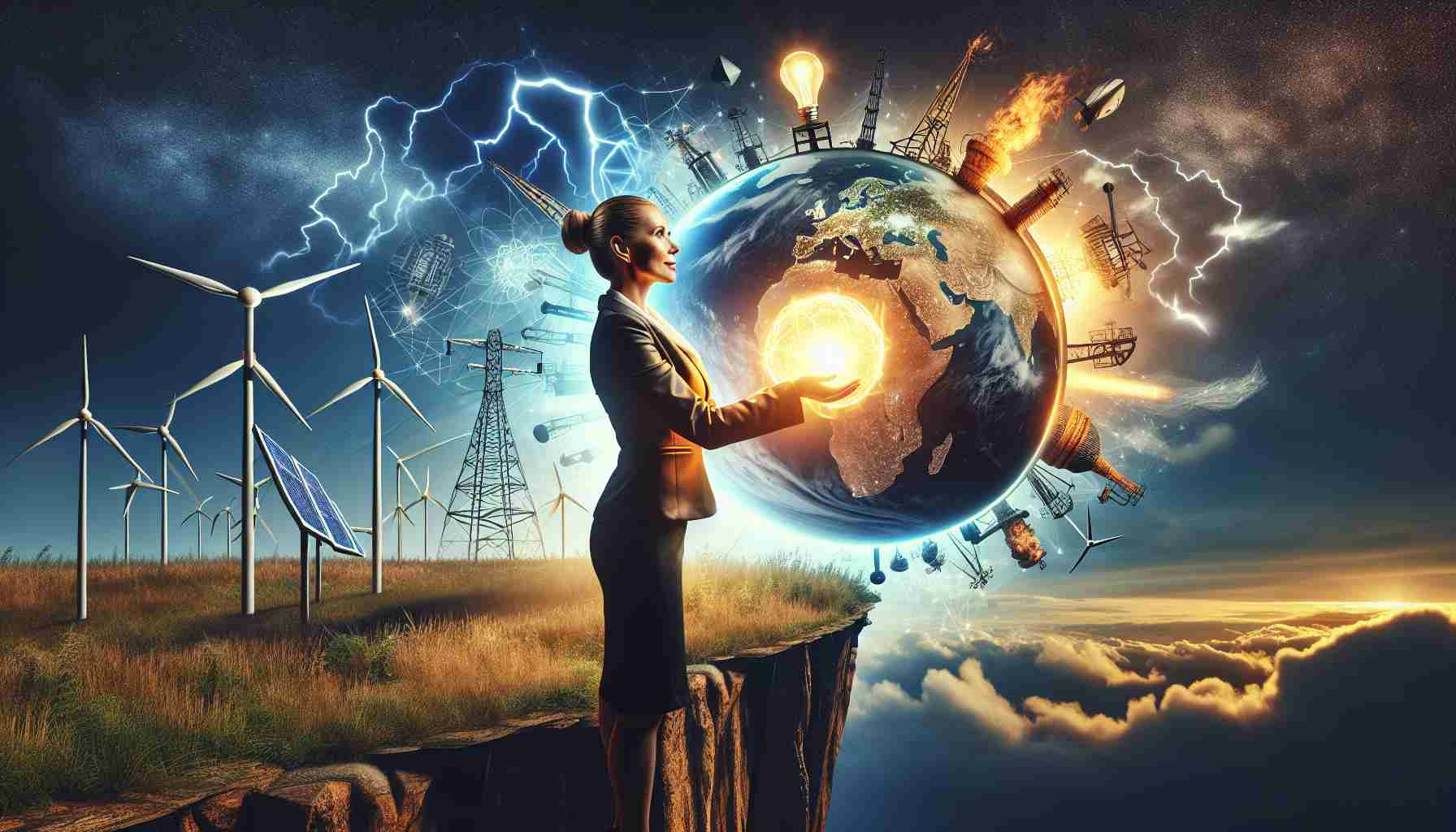 Ultra-high definition photo illustrating a symbolic representation of a wealthy individual's audacious decision, that might potentially transform the energy industry. The scene includes a poised, confident female Caucasian business executive in formal attire, holding a glowing globe in her hands, depicting her influence on the global energy markets. The background is filled with various symbols of the energy sector, like wind turbines, solar panels, traditional oil rigs, and nuclear power plants, balancing on the edge of a cliff, showing the precarious state of the sector.