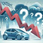 Illustrate a conceptual image of a downward graph curve to represent the sudden stock tumble of an unnamed electric vehicle company. The graph should be in sharp detail. In the background, include elements suggestive of uncertainty or speculation about the future, such as question marks and cloudy skies.