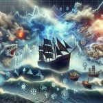 Create a highly detailed, realistic image that embodies the concept of a market shake-up. Feature symbolic elements such as a tumultuous sea representing the market, a storm representing the unseen forces, and a ship being tossed about, illustrating sudden shifts. Use representational metaphors that reflect the dynamism and unpredictability of such economic phenomena.