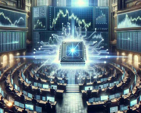 Realistic and highly detailed image depicting a scene of a significant technology market disruption. The setting is a busy stock market with wide screens displaying drooping graphs and concerned brokers. Highlight the impact of an AI innovation that has drastically changed the game, symbolized by a bright, radiating hologram of an advanced AI chipset in the center of the room.