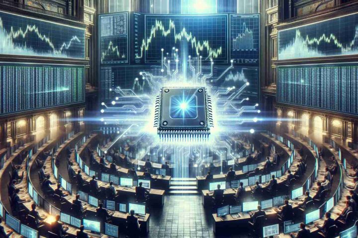 Realistic and highly detailed image depicting a scene of a significant technology market disruption. The setting is a busy stock market with wide screens displaying drooping graphs and concerned brokers. Highlight the impact of an AI innovation that has drastically changed the game, symbolized by a bright, radiating hologram of an advanced AI chipset in the center of the room.