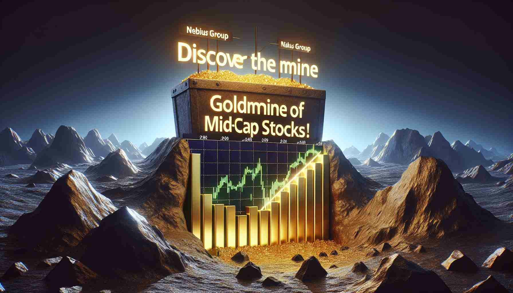 A high-definition, realistic image showing the metaphorical visualization of the concept 'Discover the Goldmine of Mid-Cap Stocks!' This would be represented as a literal goldmine with stock market charts and graphs symbolizing rising stock values. The name 'Nebius Group' appears prominently, indicating the focus on this particular group of Mid-Cap stocks.