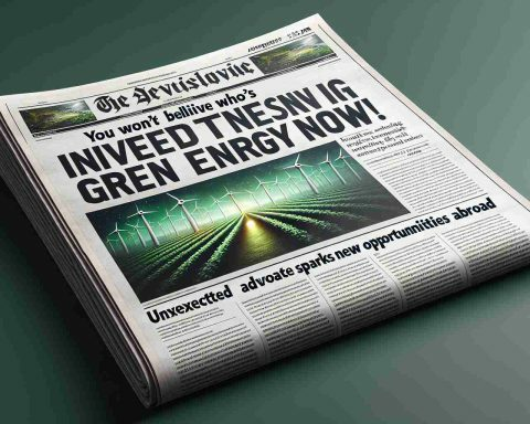 A realistic, high-definition image of a headline, which reads, 'You Won't Believe Who's Investing in Green Energy Now! Unexpected Advocate Sparks New Opportunities Abroad'. The visual style mimics a news headline, featuring bold letters with a touch of gleaming effect and a hint of greenery hinting at the 'green energy' aspect. Also, incorporate an image of generic solar panels and wind turbines in the background, symbolizing green energy. Ensure the image is modern, professional, and newspaper-like to offer emphasis on the headline.