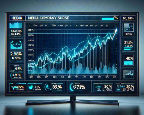 Generate a realistic HD image of a media company's stock surge on a digital display. Display the necessary information on growth percentages, stock charts, and tickers for a better understanding of the situation, without mentioning any specific person or organization.