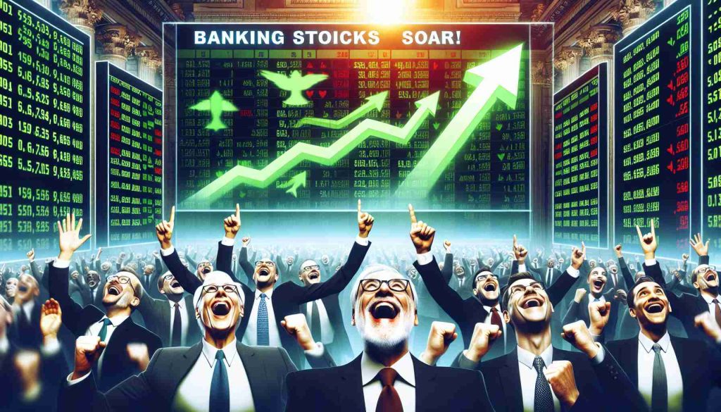 Create a detailed image displaying a thrilling scene from a stock market with a specific focus on banking stocks. The stocks are experiencing a significant surge, exuding an air of optimism and excitement among investors. The nuances on the faces of the investors should be highly noticeable, showing a distinct feeling of enthusiasm and happiness. The digital screens in the background should be littered with green arrows pointing upwards, indicating the soaring trend of banking stocks. As a way to emphasize the idea, the term 'Banking Stocks Soar!' should be prominently displayed in bold, large letters on a billboard or a digital screen.