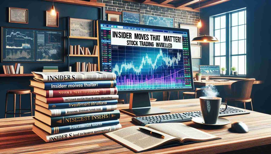 Create a realistic, high-definition image representing 'Insider Moves That Matter! Stock Trading Insights Unveiled'. The image should include a financial newspaper with headlines about stock trading strategies and predictions, a stack of investment books that reflect insider insights, a computer screen displaying live stock market trends, and a cafe setting that reflects where traders might be unveiling these insights. Carry the tone of learning and discovery of potential successful stock trading tactics.