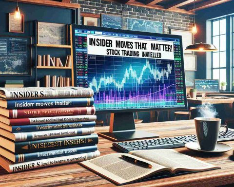 Create a realistic, high-definition image representing 'Insider Moves That Matter! Stock Trading Insights Unveiled'. The image should include a financial newspaper with headlines about stock trading strategies and predictions, a stack of investment books that reflect insider insights, a computer screen displaying live stock market trends, and a cafe setting that reflects where traders might be unveiling these insights. Carry the tone of learning and discovery of potential successful stock trading tactics.