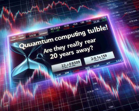 A realistic, high definition depiction of a dramatic financial news headline. The image displays the bold, striking headline 'Quantum Computing Stocks Tumble! Are They Really 20 Years Away?' against a background of plummeting stock chart lines, to symbolize the downfall. The charts are vivid, with sharp fluctuations and provide a stark contrast showcasing the intensity of the situation. Also, the image subtly hints at the concept of time with a symbolic representation like an hourglass or clock hands in the background, reflecting the uncertainty about the future trajectory of quantum computing stocks.