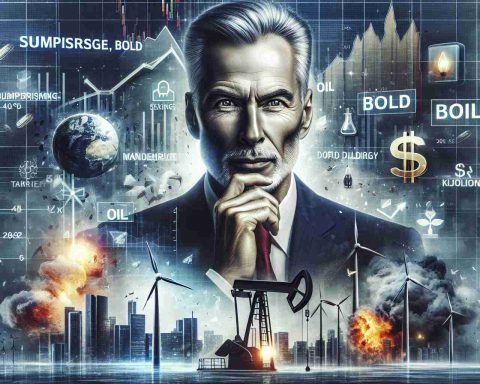 A realistically detailed High Definition image illustrating the concept of surprising, bold energy strategy, personified by an unidentified but influential business magnate. The scene features the unfolding of strategic decision-making in the energy sector, with accompanying symbols like stock market graphs, oil derricks, wind turbines, and solar panels. The main figure should be depicted as a mature Caucasian man with distinguishing features, such as a thoughtful expression and a sharp suit, indicating his role at the helm of these bold moves.