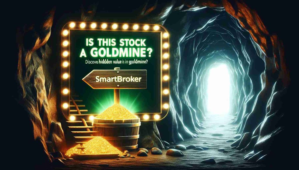 Create a high definition, realistic image displaying the concept of discovering hidden value in Smartbroker. This can be shown as a metaphorical goldmine, perhaps represented by glowing treasures hidden in a dark cave, with a shimmering sign next to it that reads, 'Is This Stock a Goldmine?'